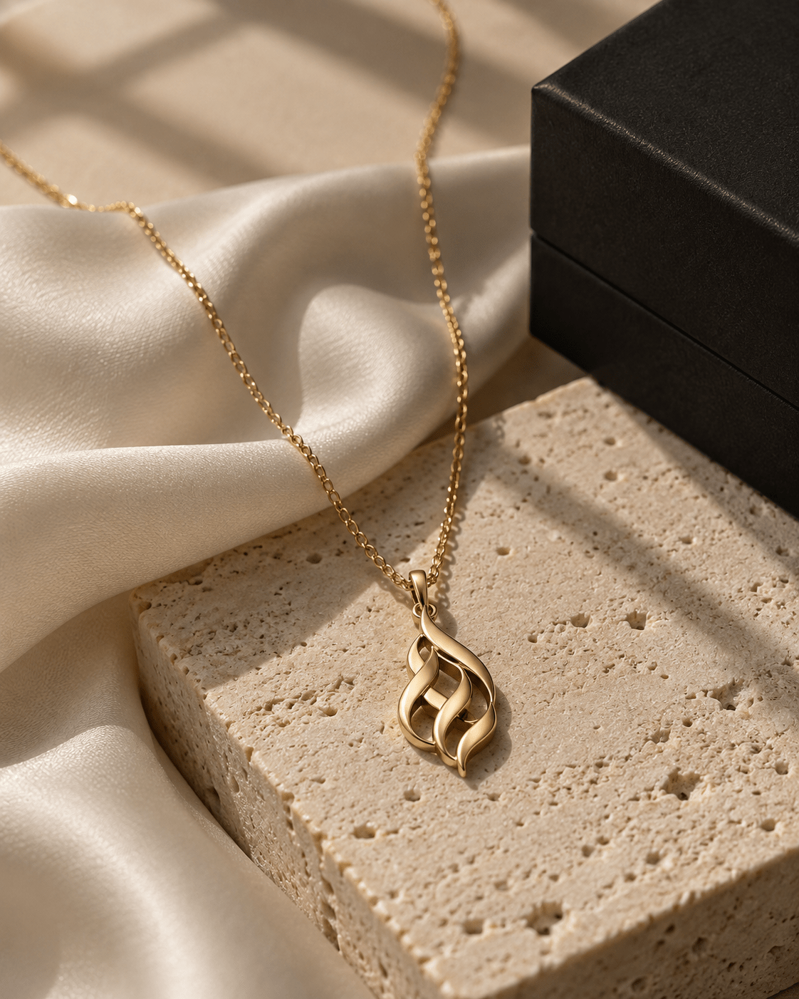 Nahaufnahme einer goldenen, orientalisch inspirierten Halskette auf Seide und Stein